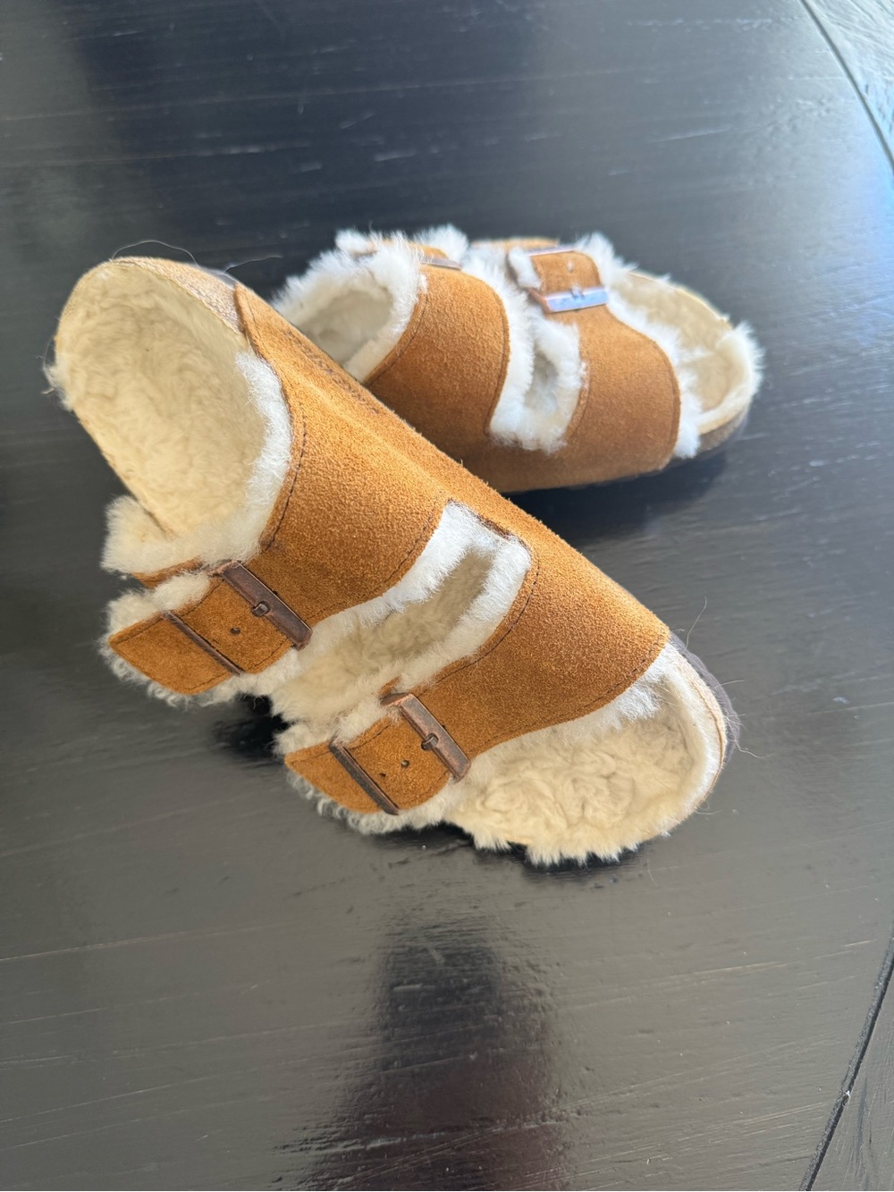 Birkenstock Women's Suede Faux-Shearling Double Buckle Slides - Cognac Brown
